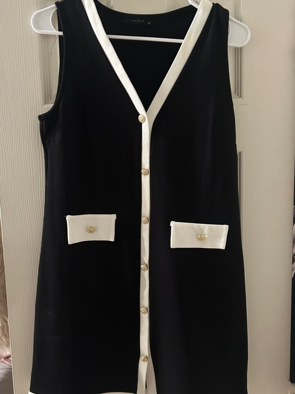 All Saints Black Dress with White Trim and Gold Buttons